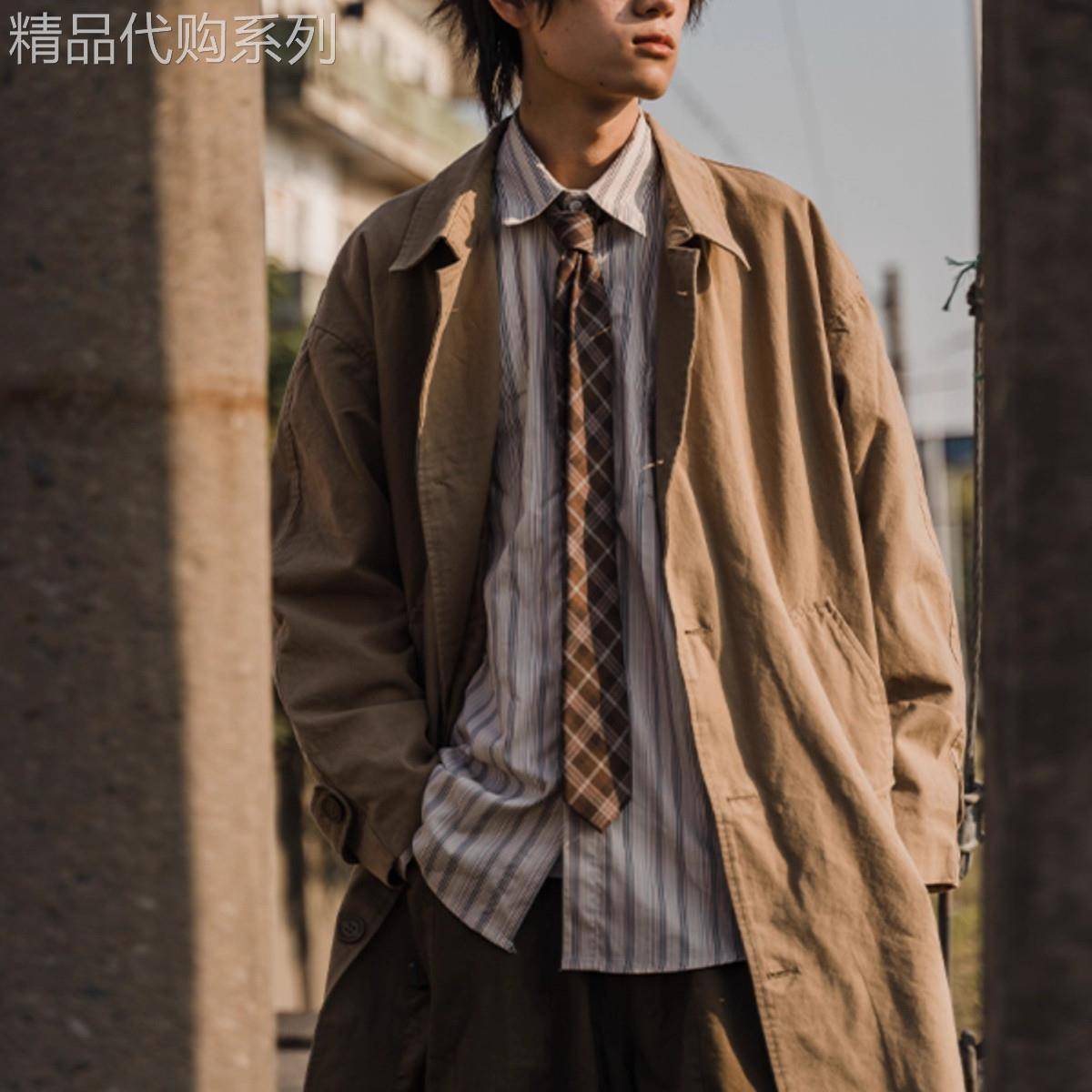 【法国进口男装】纯色休闲中长款风衣男宽松春秋新款复古过膝工装