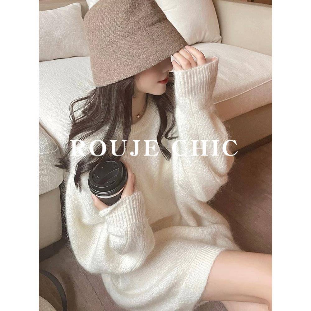 法国rouje chic纯欲风白色马海毛软糯针织衫女秋冬中长款加厚毛衣