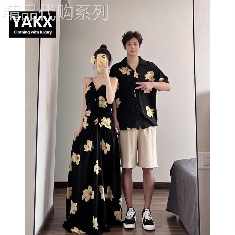 高级感情侣装夏季花短袖衬衫男士法式吊带长裙海边度假连衣裙女款
