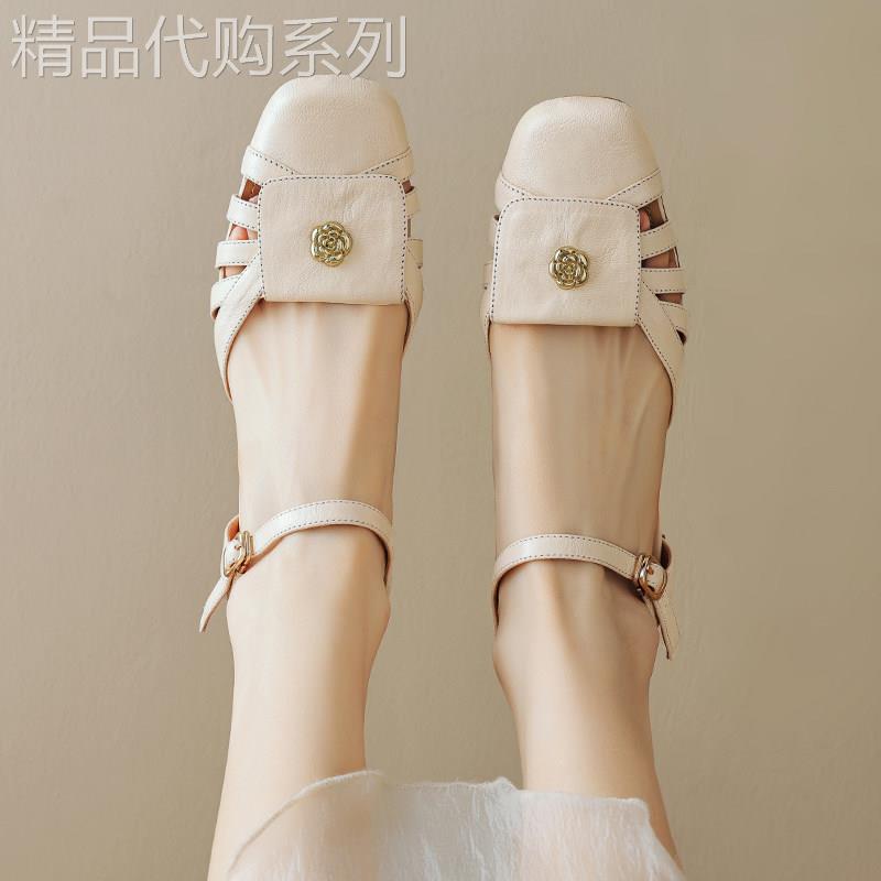 意大利手工Altierrina~ 真皮包头法式凉鞋后空粗跟中跟玛丽珍鞋女