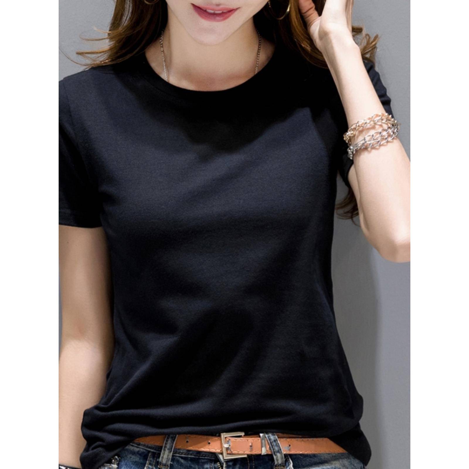 韩国新款纯白短袖t恤女式夏季修身黑底衬衫纯棉韩式上衣t恤