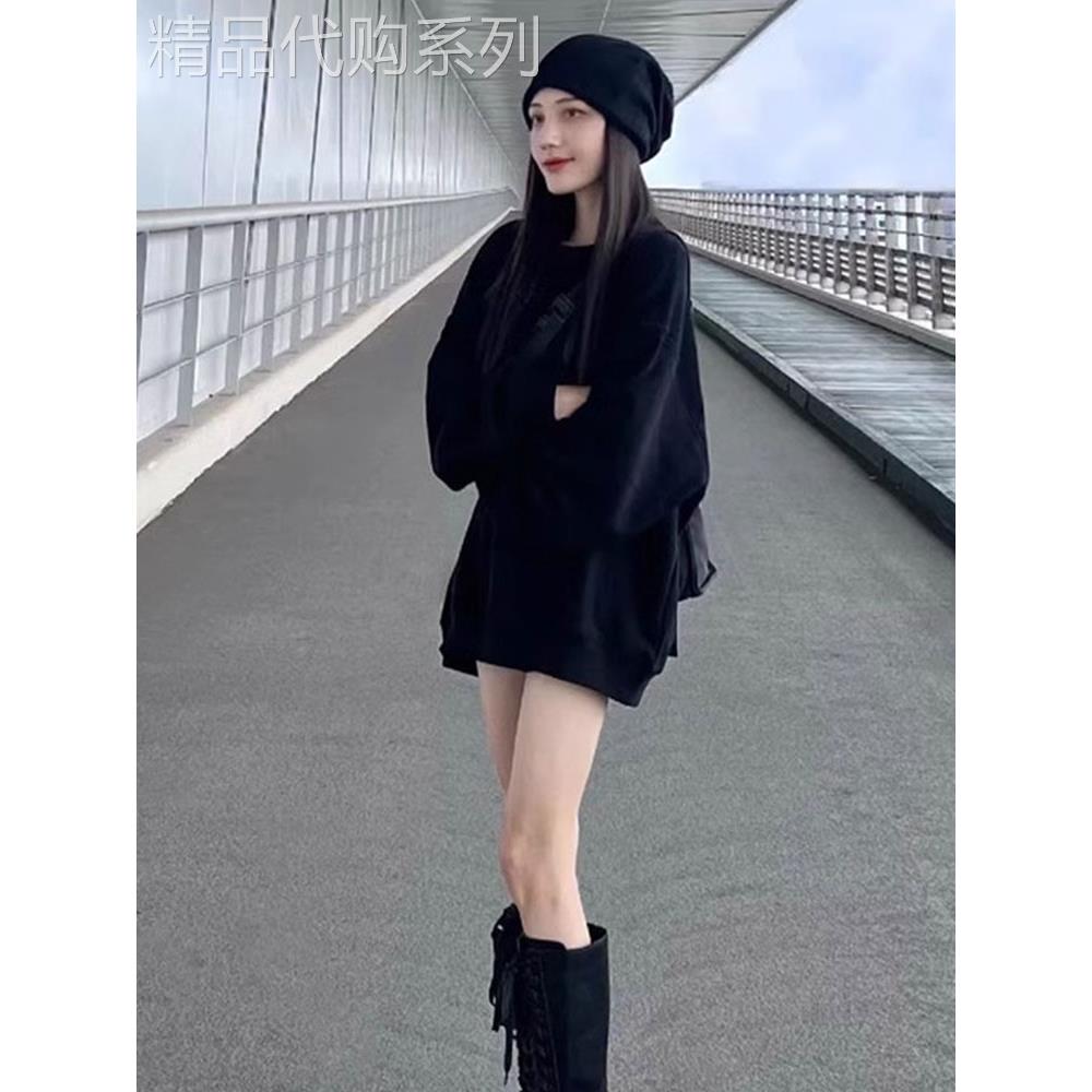 黑色圆领厚棉T女夏季宽松显瘦休闲 oversize慵懒风中长版套头上衣
