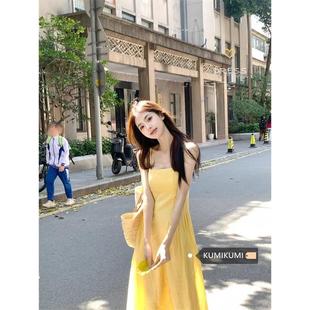 日系法式 显瘦吊带气质长裙 温柔风黄色连衣裙女夏季 海边度假风修身
