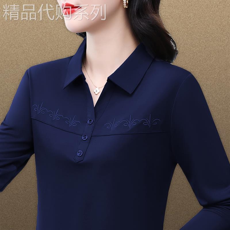 长袖T恤女2026春秋新款时髦气质上衣大尺码休闲绣花翻领打底polo