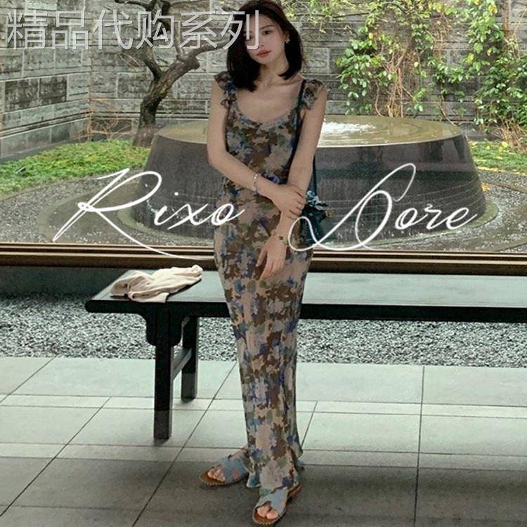 RIXO DORE法式复古油画碎花洋装高级感小众飞袖过膝吊带长裙女