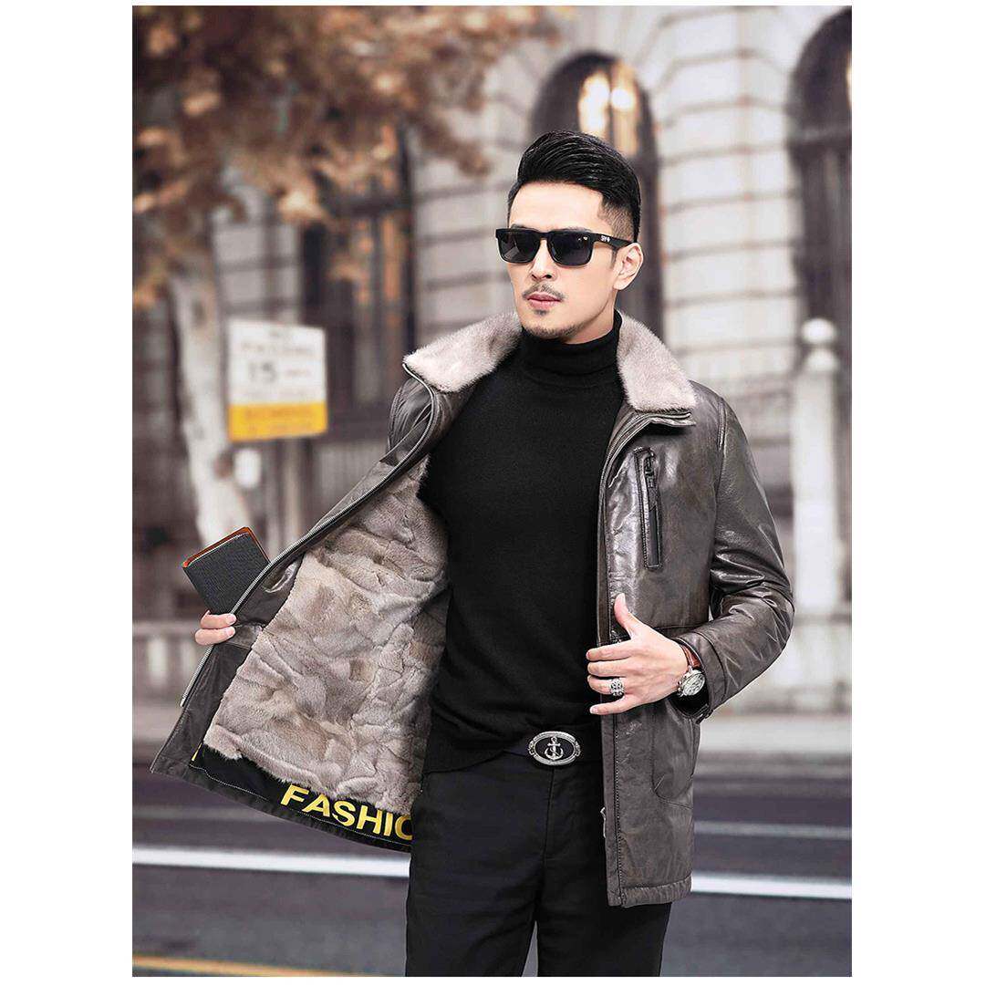 真皮皮衣男海宁水貂内胆拉炼翻领修身头层牛皮冬款保暖皮夹克外套