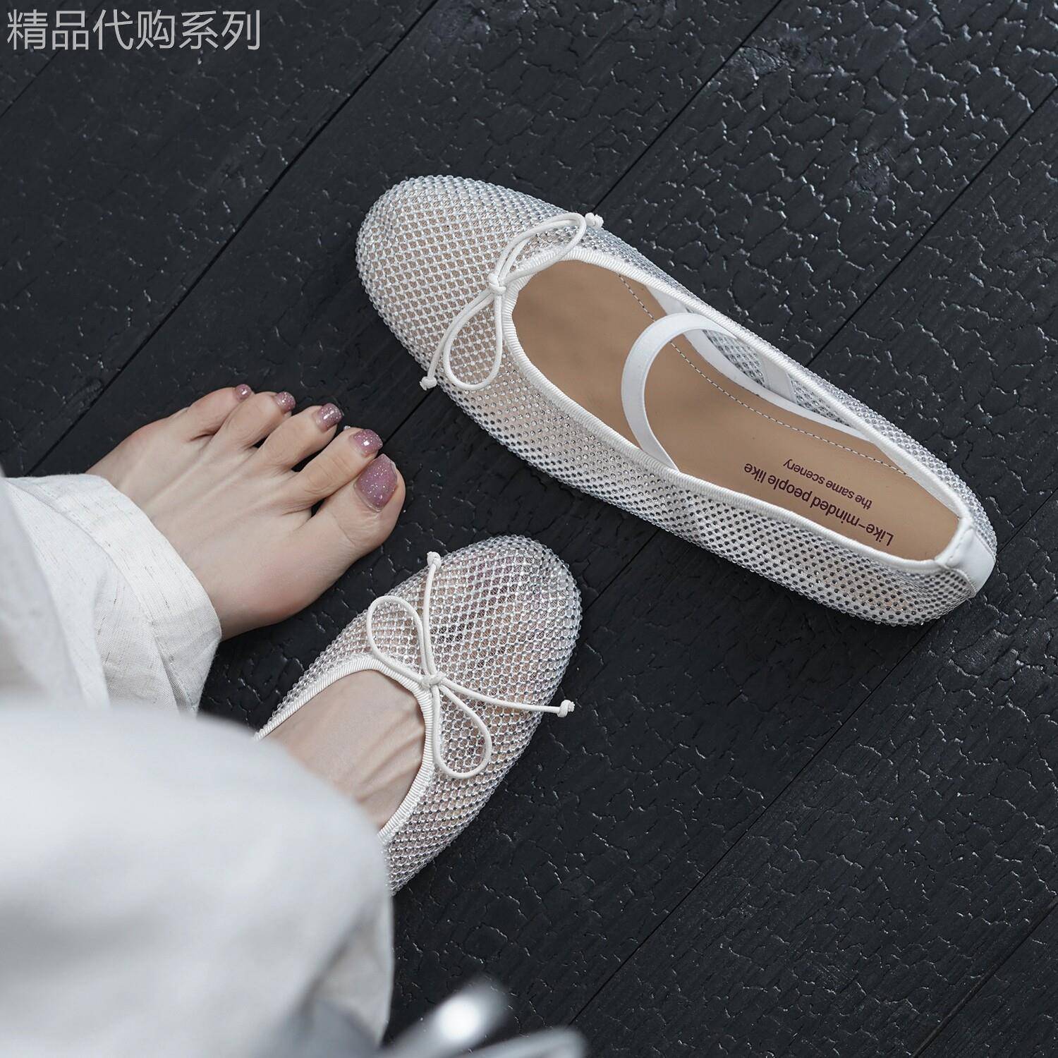 邂逅浪漫~韩版编织透气玛丽珍鞋蝴蝶结一字带平底镂空渔网单鞋女