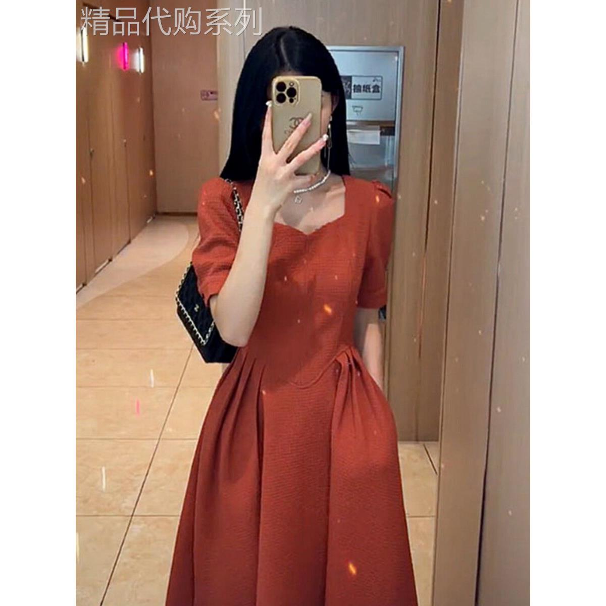 MUAMY夏季新款港味覆古轻奢温柔风高级感气质修身显瘦方领连衣裙