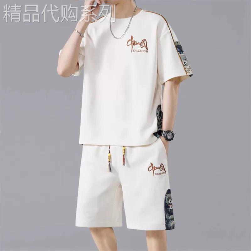 潮牌冰丝国风休闲套装男士2026新款夏季短袖T恤搭配短裤一套男款