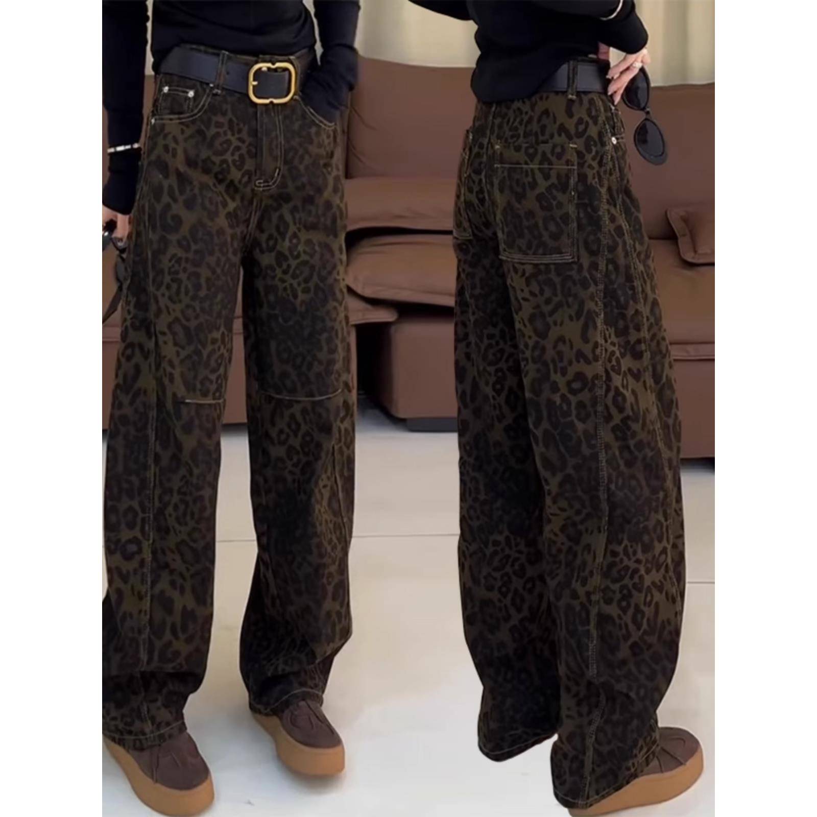 法国Rouje Dsyle豹纹牛仔裤女新款弯刀阔腿裤胖mm显瘦宽松直筒裤