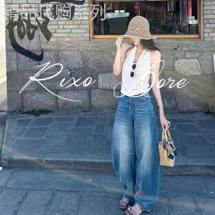 RIXO DORE法式慵懒风无袖纯色背心阔腿高腰牛仔裤女显瘦休闲套装