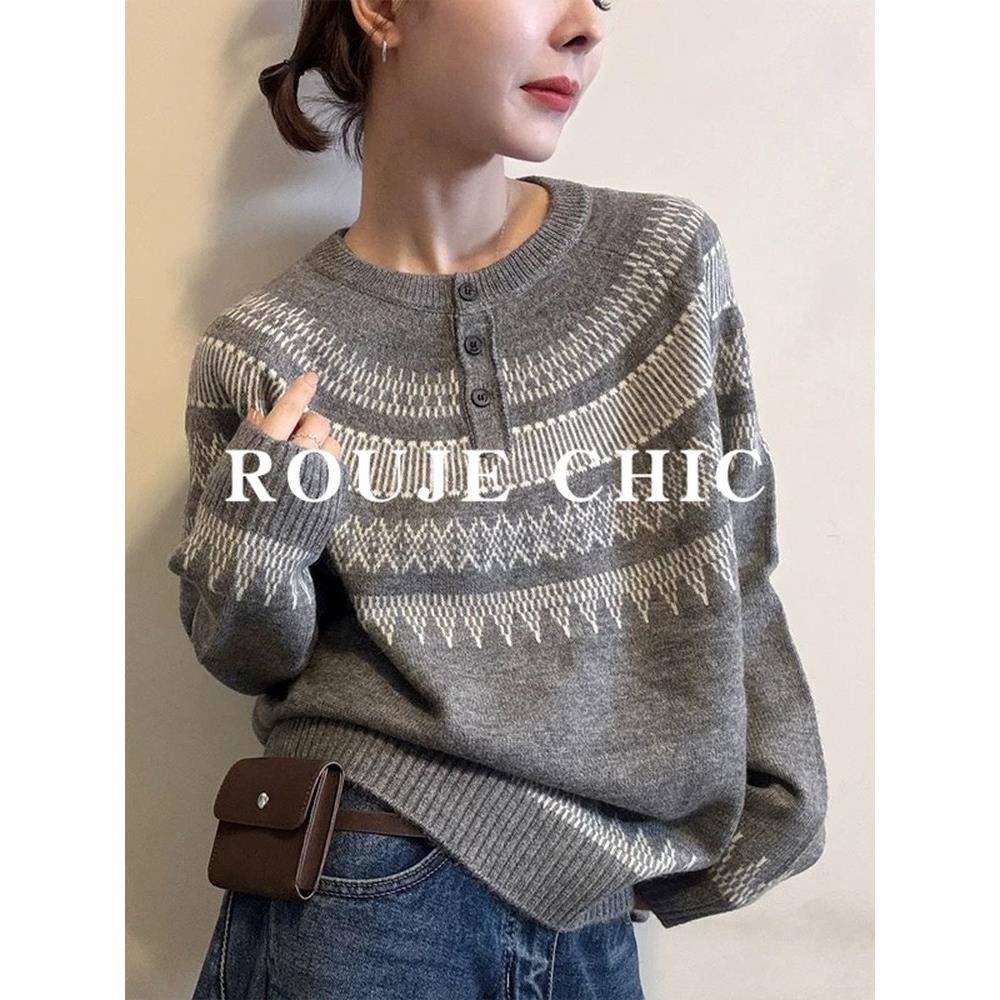 法国rouje chic法式覆古费尔岛提花毛衣女秋冬气质圆领纽扣针织衫
