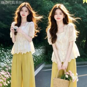 Fashion Master时尚大师洋派刺绣显瘦提花衬衫搭通勤阔腿裤子夏季