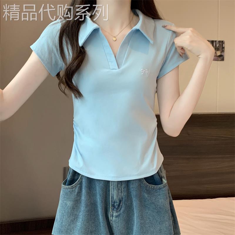 高端Polo领正肩短袖显瘦T恤女2026新款大码夏季卡腰小衫短款上衣