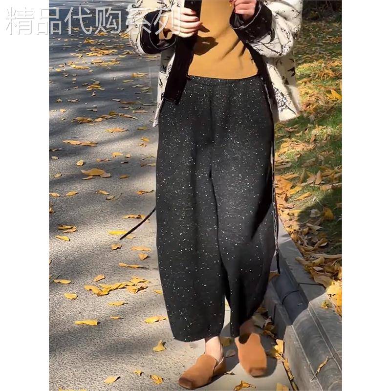SPYB时髦感宽松阔腿弯刀裤女春秋季新款气质亮片黑色高腰九分裤子