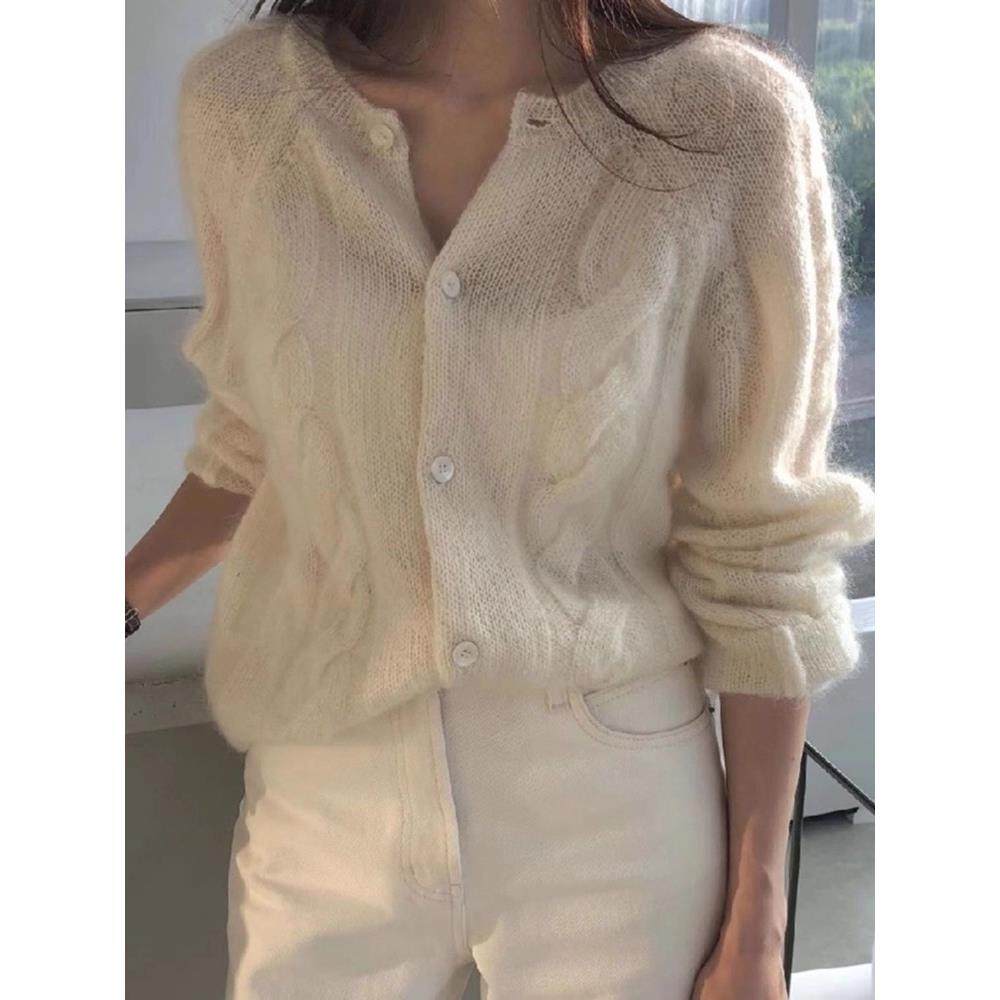 日系马海毛针织开衫女薄款春秋2025新款温柔慵懒麻花圆领毛衣外套