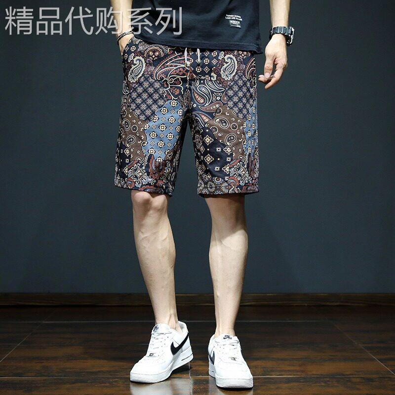 香港潮牌花色休闲短裤男宽松直筒沙滩五分裤名族风潮流款夏季薄款