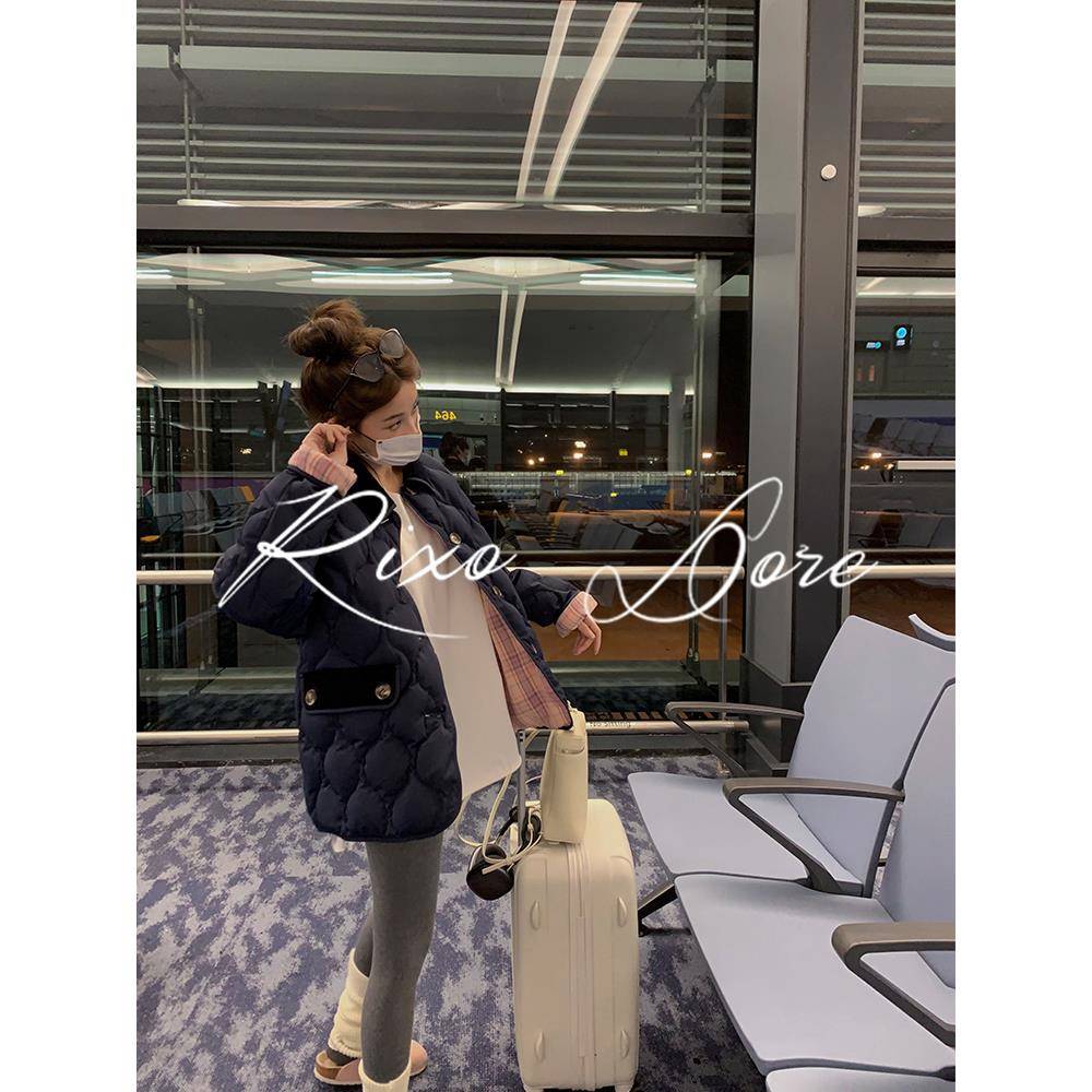 RIXO DORE法式冬季新款磨毛格子纹加菱格拼接灯芯绒双面穿羽绒服