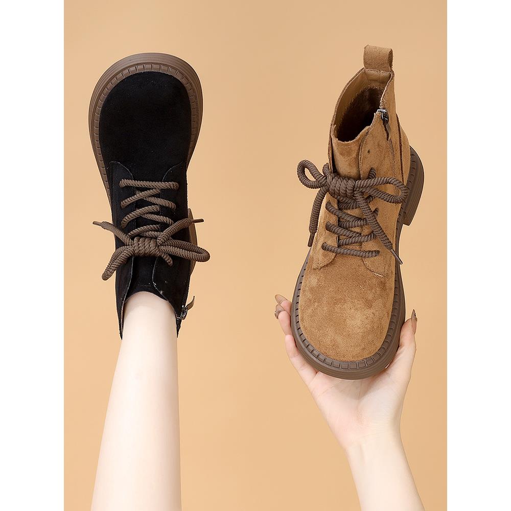 覆古英伦风马丁靴女2025秋冬新款增高显瘦翻毛皮单靴爆款平底短靴