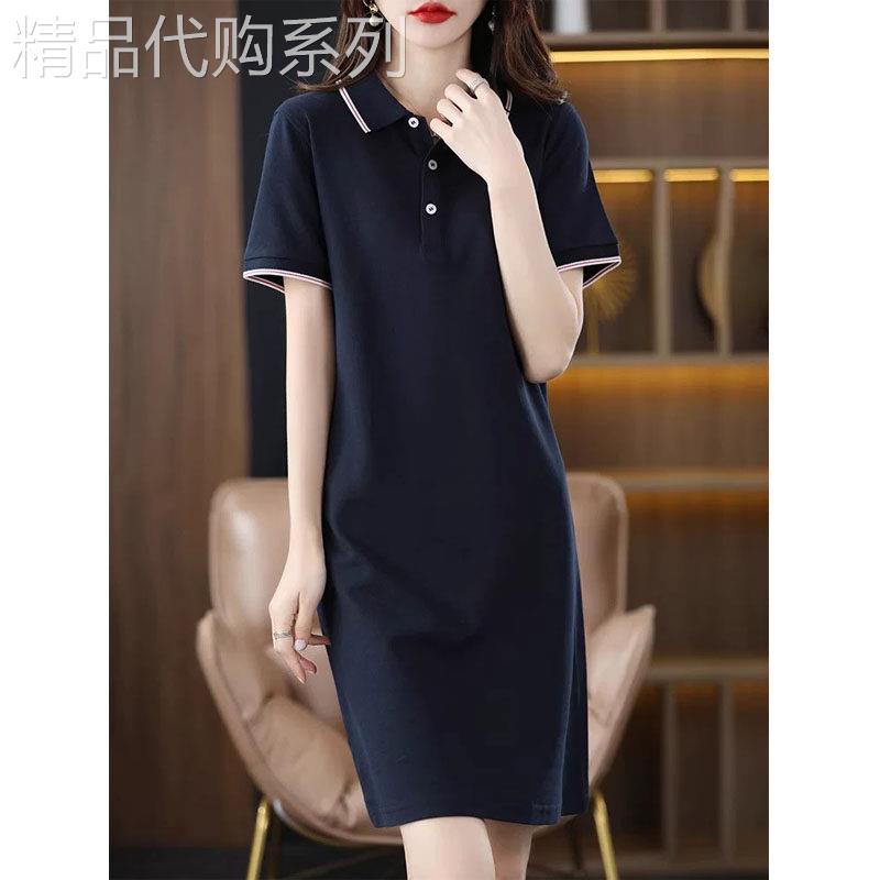 POLO领中长版短袖洋装女士夏季欧货百搭A字裙方领包臀线衫T恤裙