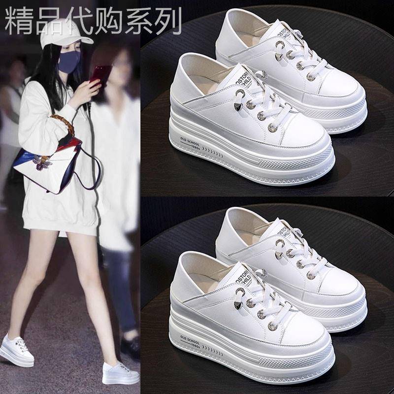 真皮内增高小白鞋女2025新款韩版百搭休闲单鞋8cm松糕鞋厚底轻便
