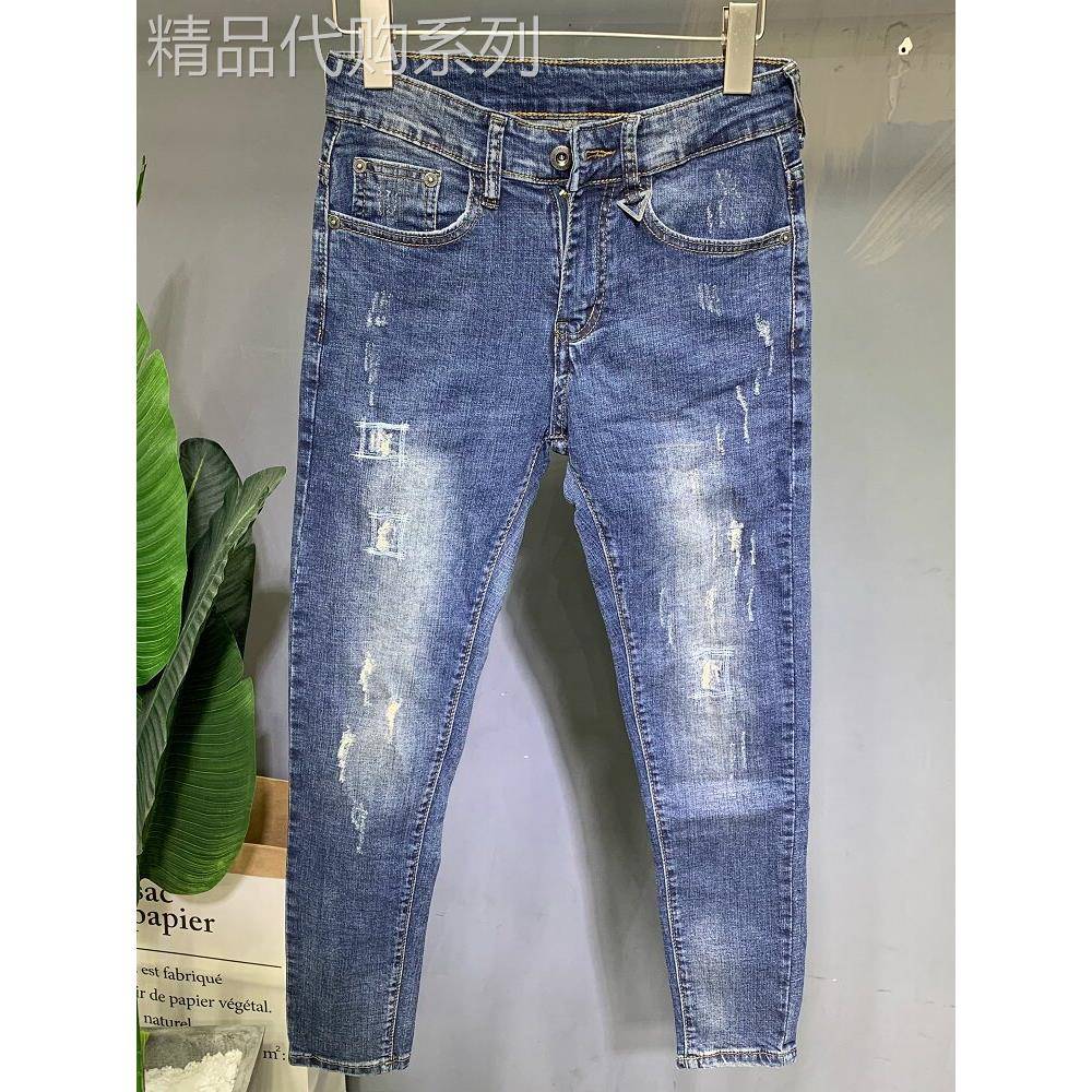 潮牌春夏季蓝色破洞九分牛仔裤男韩版刮痕修身男士简约小脚长裤子