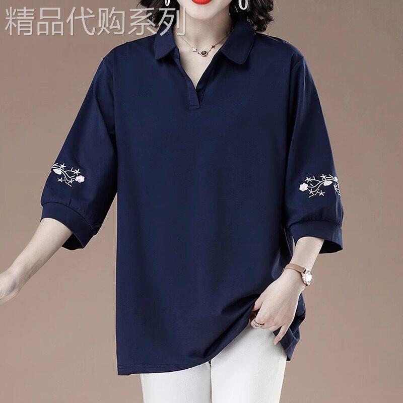 翻领中袖七分袖上衣女T恤夏2025新款大尺码宽松半袖遮肚洋派polo