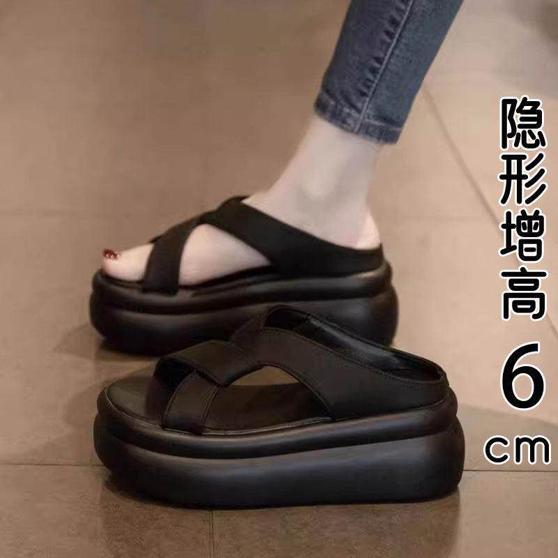 香港真皮厚底凉鞋女夏季外穿2026新款黑色小个子松糕高跟沙滩凉鞋