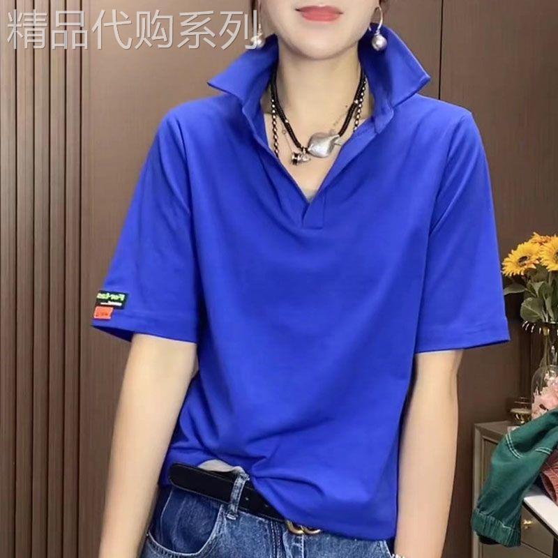 韩国POLO领克莱因蓝短袖T恤女宽松显瘦减龄慵懒风夏季纯棉