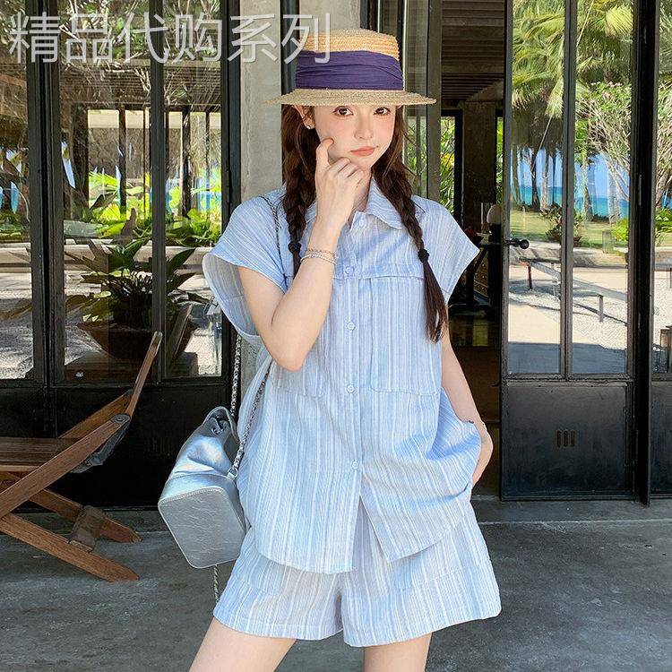 Rouje Moaks活泼减龄条纹短袖衬衫套装女小个子休闲短裤两件套