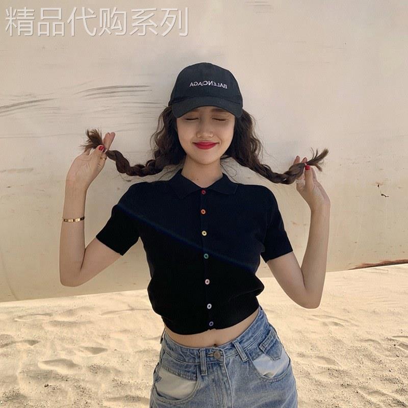 冰丝短袖t恤女夏季欧货修身Polo领针织开 衫薄款短款高腰露脐上衣