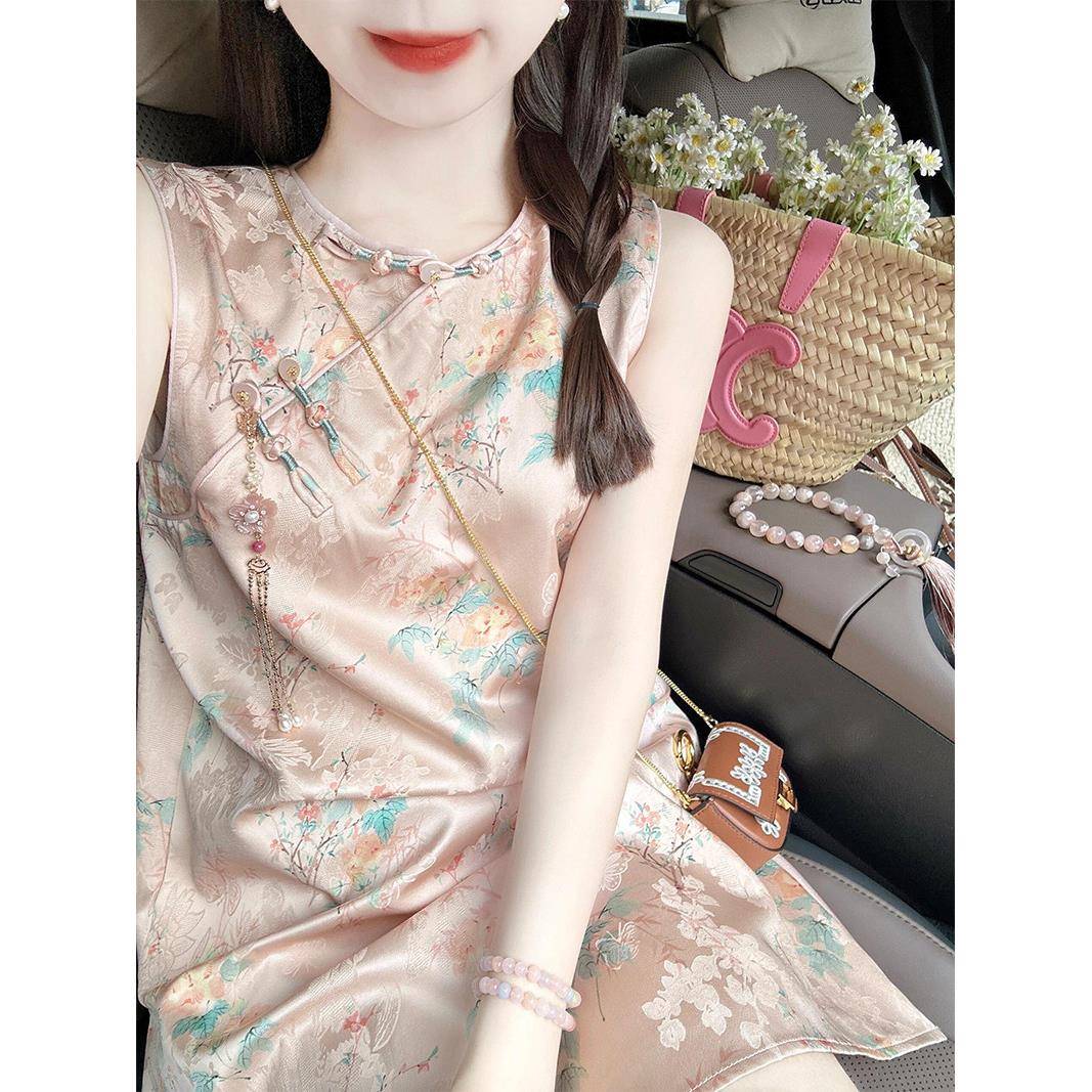 欧洲站2026新中式国风粉色无袖连衣裙女子夏改良旗袍少女甜美短裙