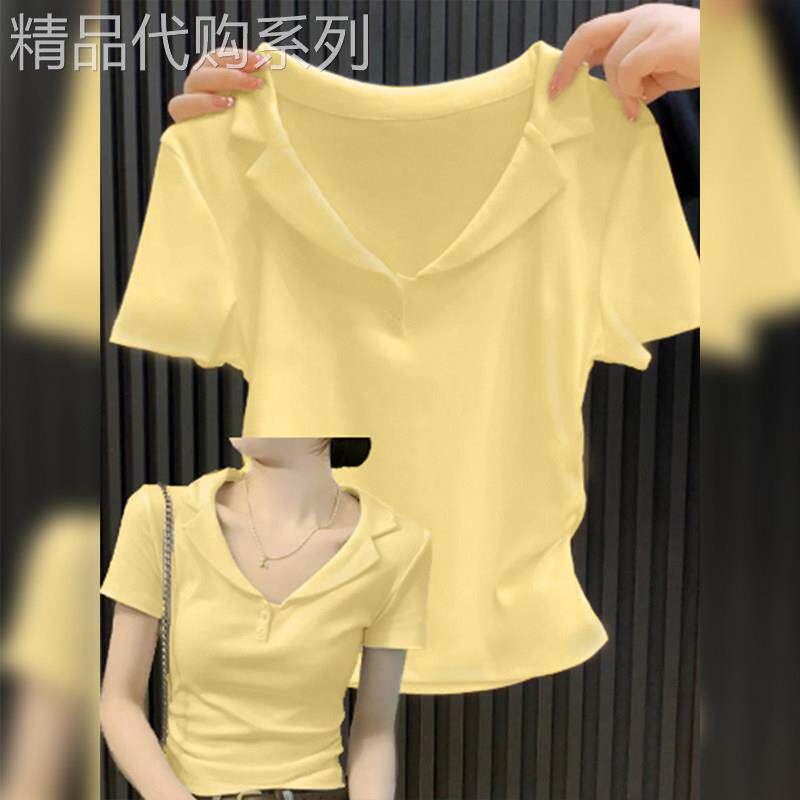 奶黄色polo衫翻领短袖正肩T恤2025新款上衣女v领修身收腰半袖短款