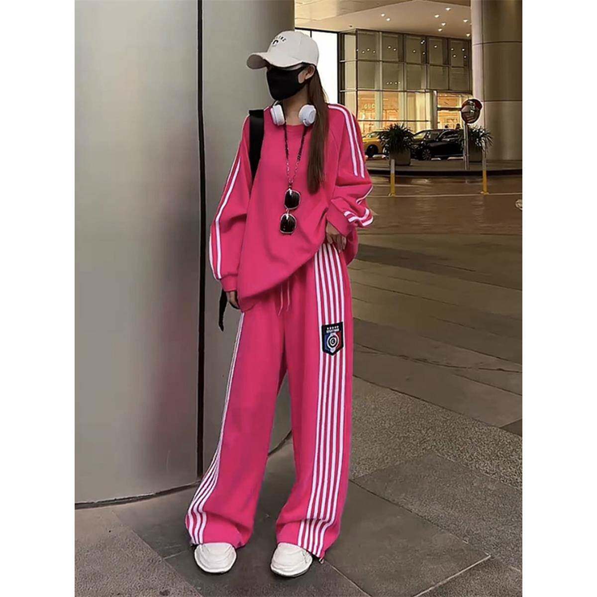 欧洲站时尚运动套装女秋冬宽松加绒加厚卫衣阔腿裤休闲跑步两件套