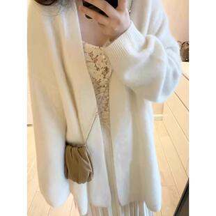 日系慵懒风白色彷水貂绒针织开衫女中长款软糯毛衣外套奶fufu上衣