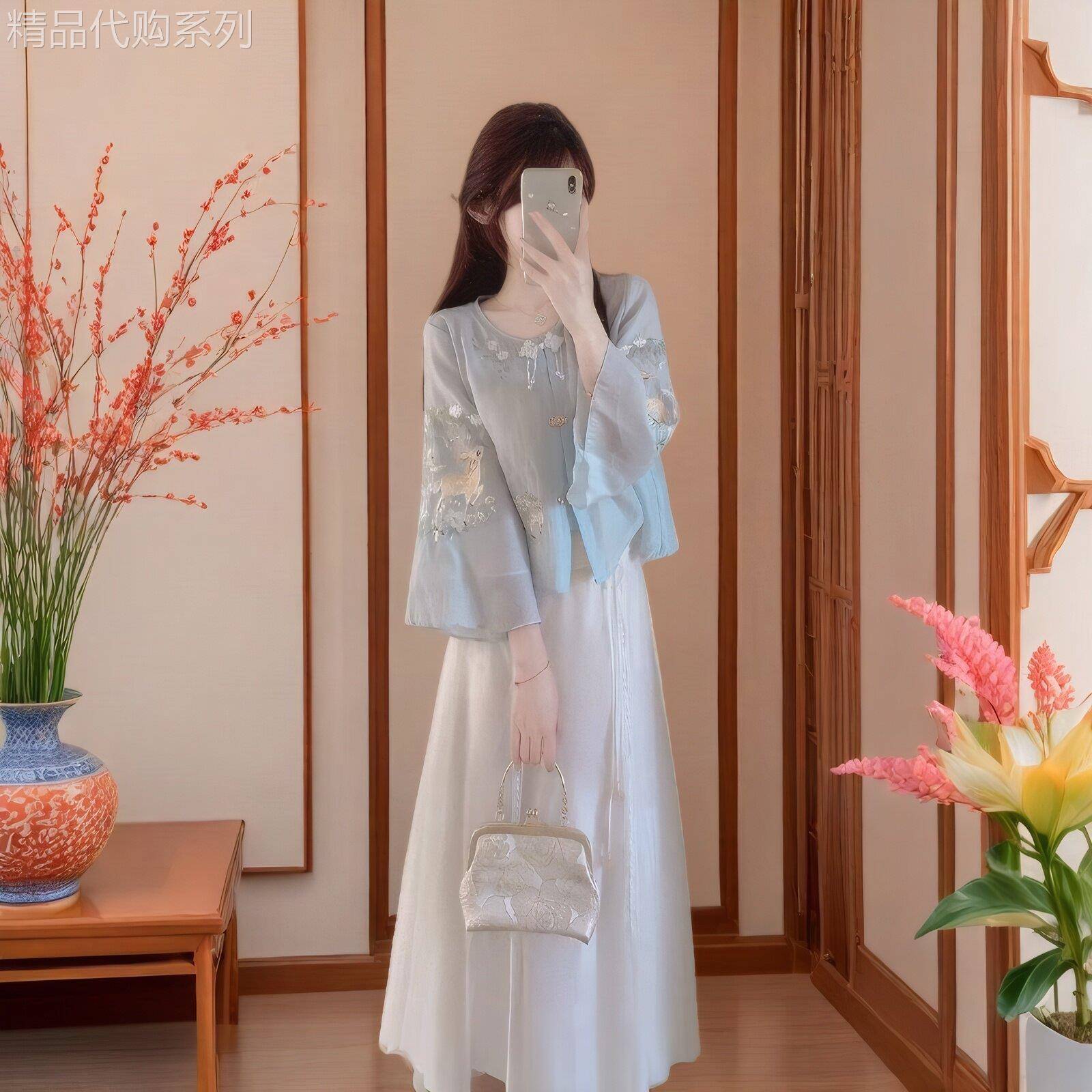 新中式国风套装女装夏季2025新款超仙蓝色刺绣衬衫半身裙改良汉服
