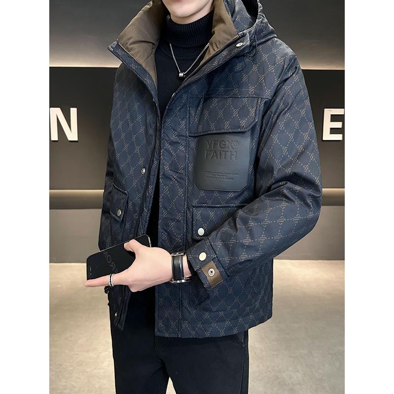 Mostarsea~加厚连帽格子羽绒服男冬季新款高端潮牌白鸭绒印花外套