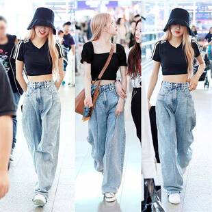 blackpinkrose朴彩英同款宽松显瘦高腰阔腿牛仔裤女lisa直筒长裤