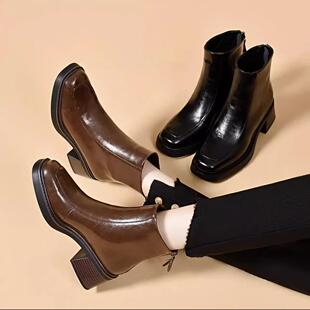 MK&DK.SW真皮方头马丁靴女2025新款秋冬英伦风瘦瘦靴粗跟时尚短靴