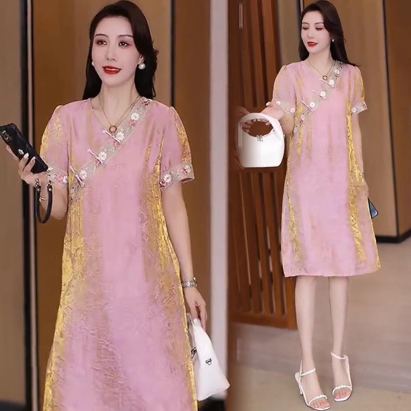 香港代购国风连衣裙女2025夏季新款短袖盘扣亮面新中式A字连衣裙