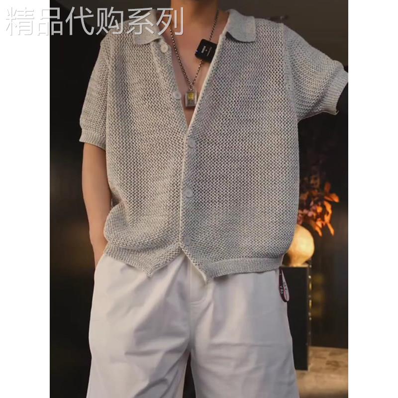 潮牌老钱风高端复古镂空短袖衬衫度假休闲透气针织衬衫男夏季轻薄