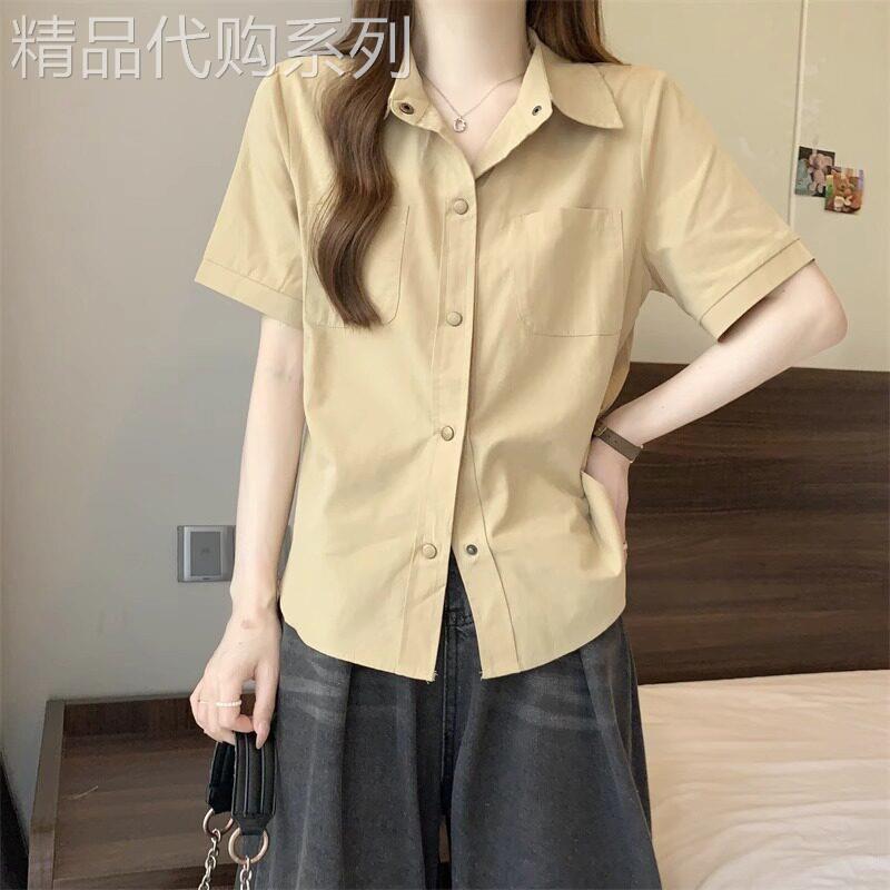 大码Polo领工装短袖衬衫女夏季微胖MM休闲宽松时尚百搭显瘦上衣服