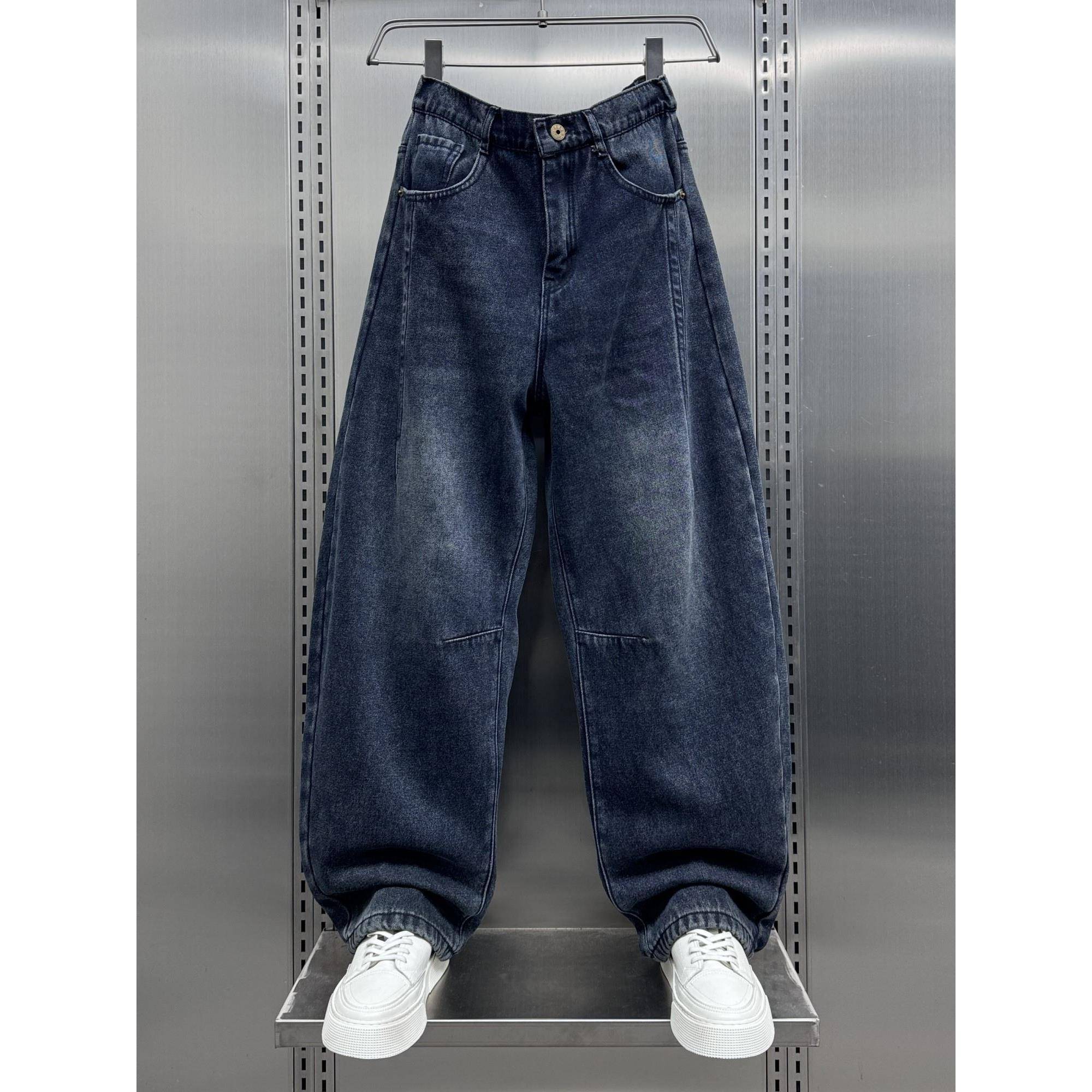 MAROLIO~版型超赞！美式覆古宽松阔腿裤男潮牌加绒加厚直筒牛仔裤