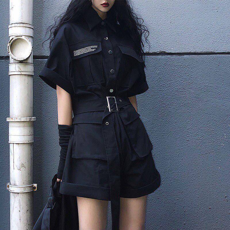 香港潮酷连身裤女春夏季2025年新款黑色高腰短袖洋装阔腿短裤套装