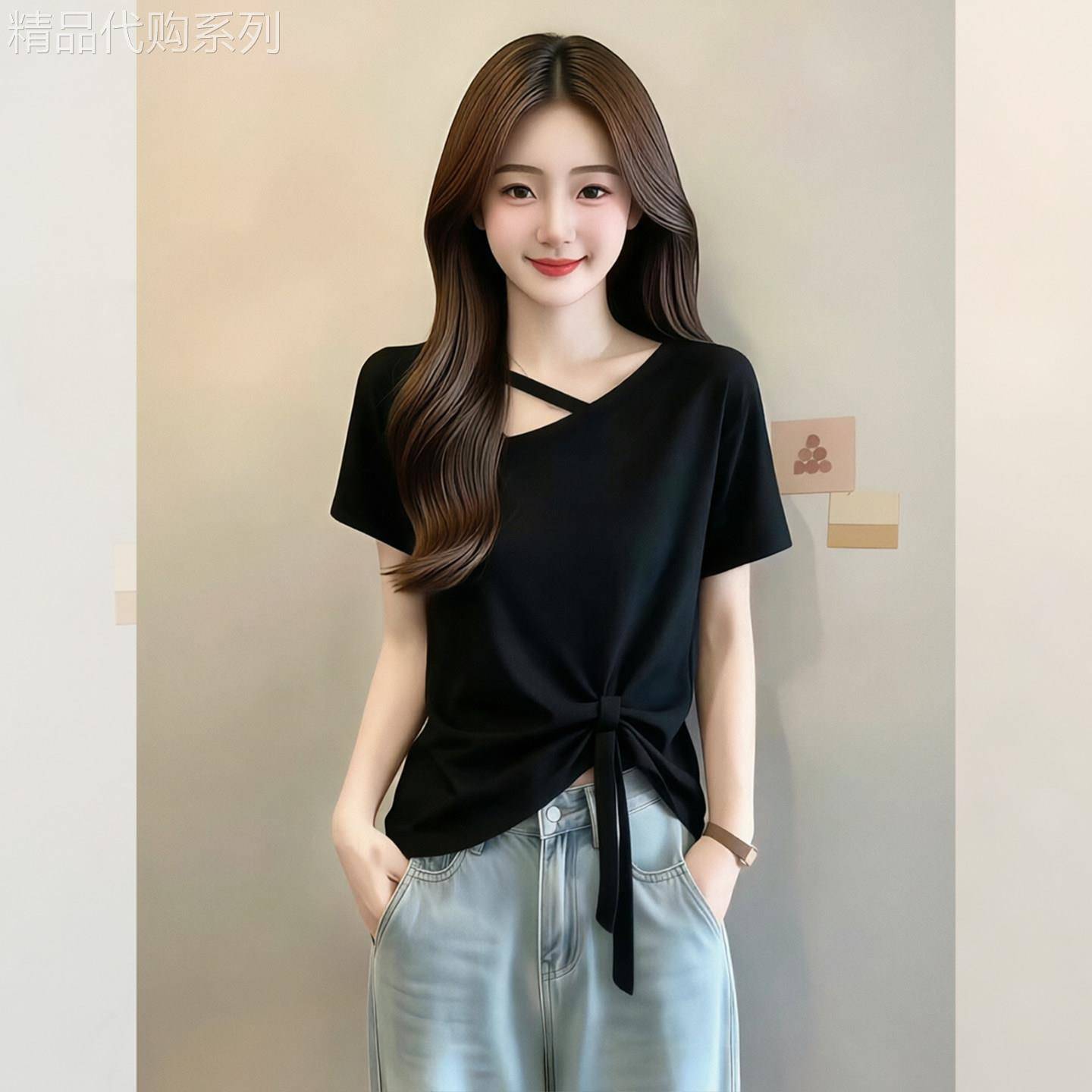 黑色斜肩绑带短袖t恤女新款夏季薄款通勤穿搭韩系chic别致小上衣