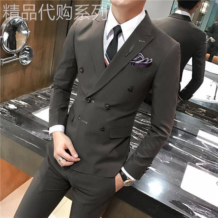 日式潮牌双排扣西装套装男英伦风修身小西服外套纯色新郎结婚礼服