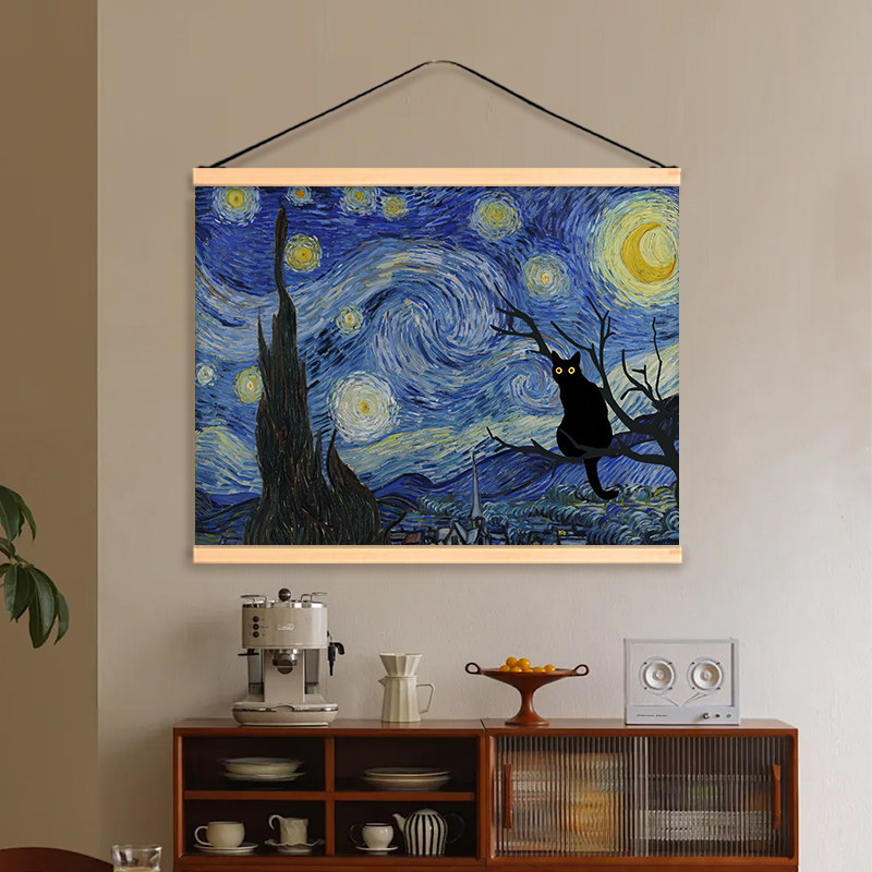 梵高星夜黑猫挂画现代简约客厅卧室酒店民宿装饰画小众艺术画布