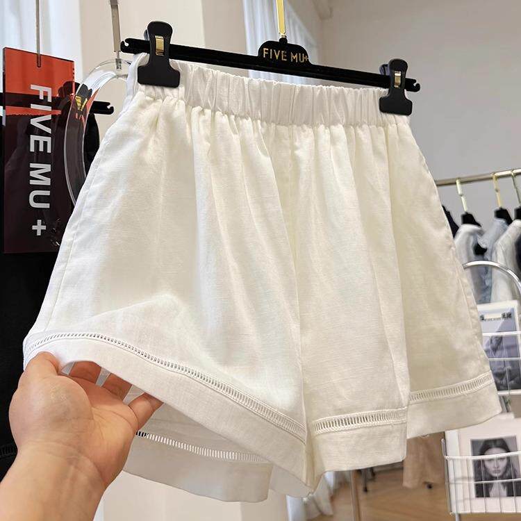 高端亚麻松紧高腰A字阔腿短裤女显瘦夏季轻薄外穿休闲裤子热裤ins