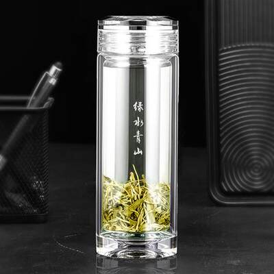 TDE茶水分离杯350ml双层玻璃泡茶杯带滤网商务办公水杯礼盒 绿水