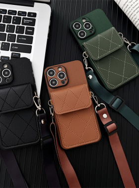 菱格皮质插卡包16手机壳15pro纯色14全包12手提iPhone17promax简约13商务11轻奢8plus斜挎xrs高级复古防摔新